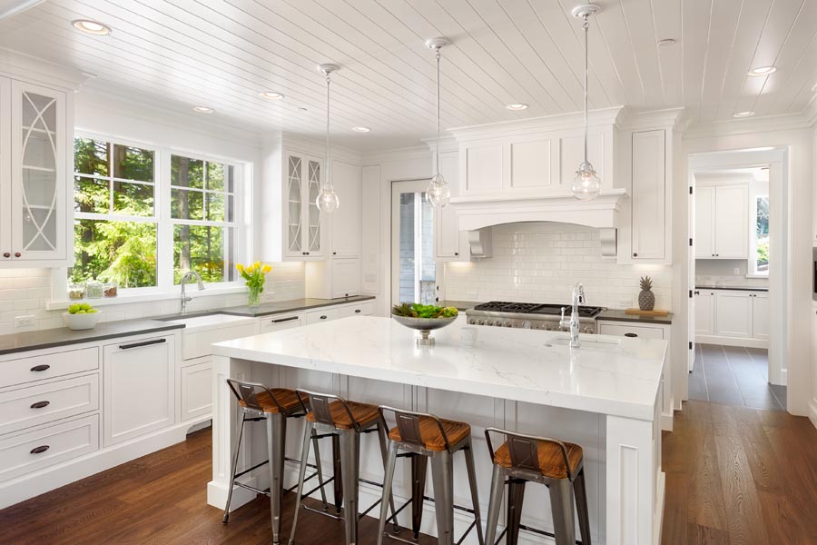Header - Personal Insurance White Kitchen with Stools